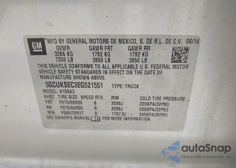 2014 Chevrolet Silverado 1500 1Lz из США, поврежденный, VIN 3GCUKSEC3EG521551